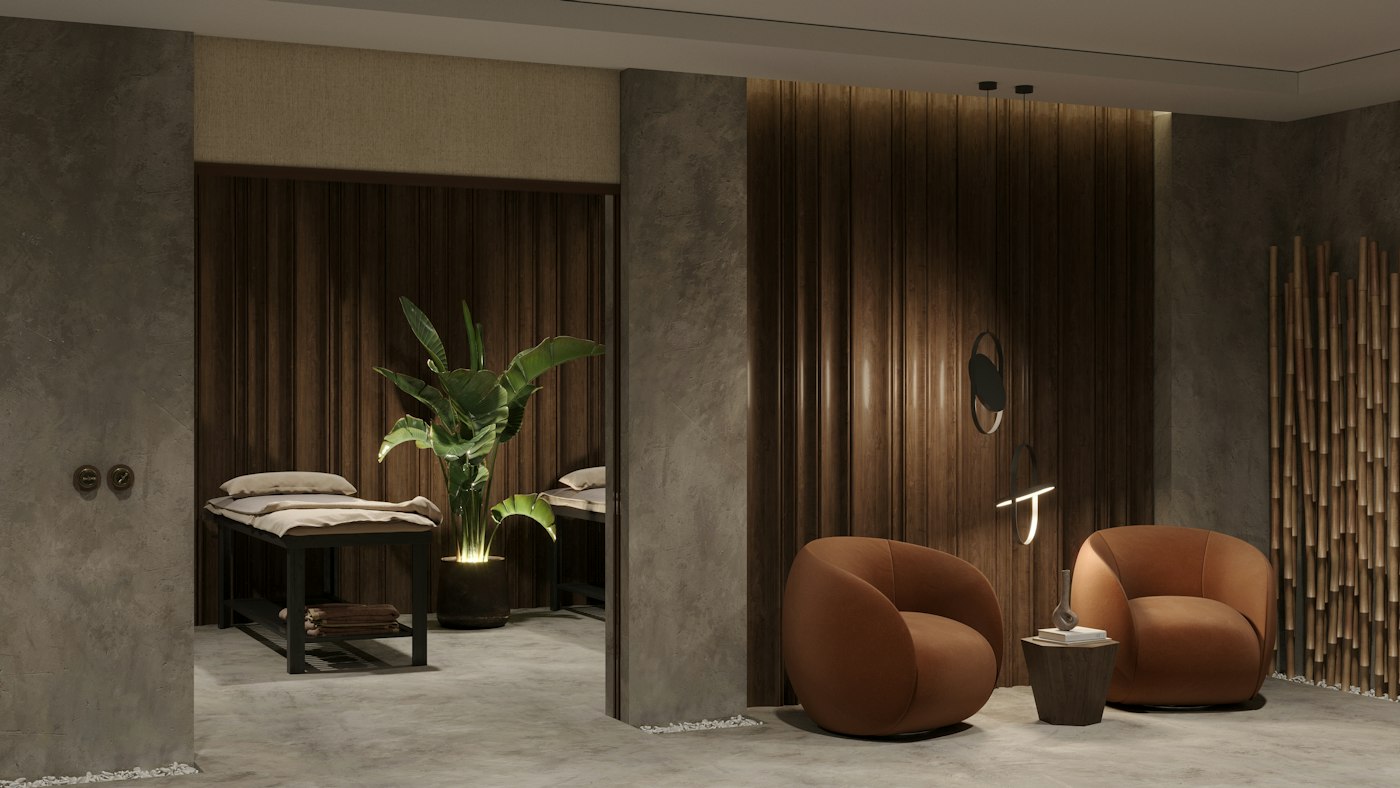 Lounge com poltronas e iluminação baixa